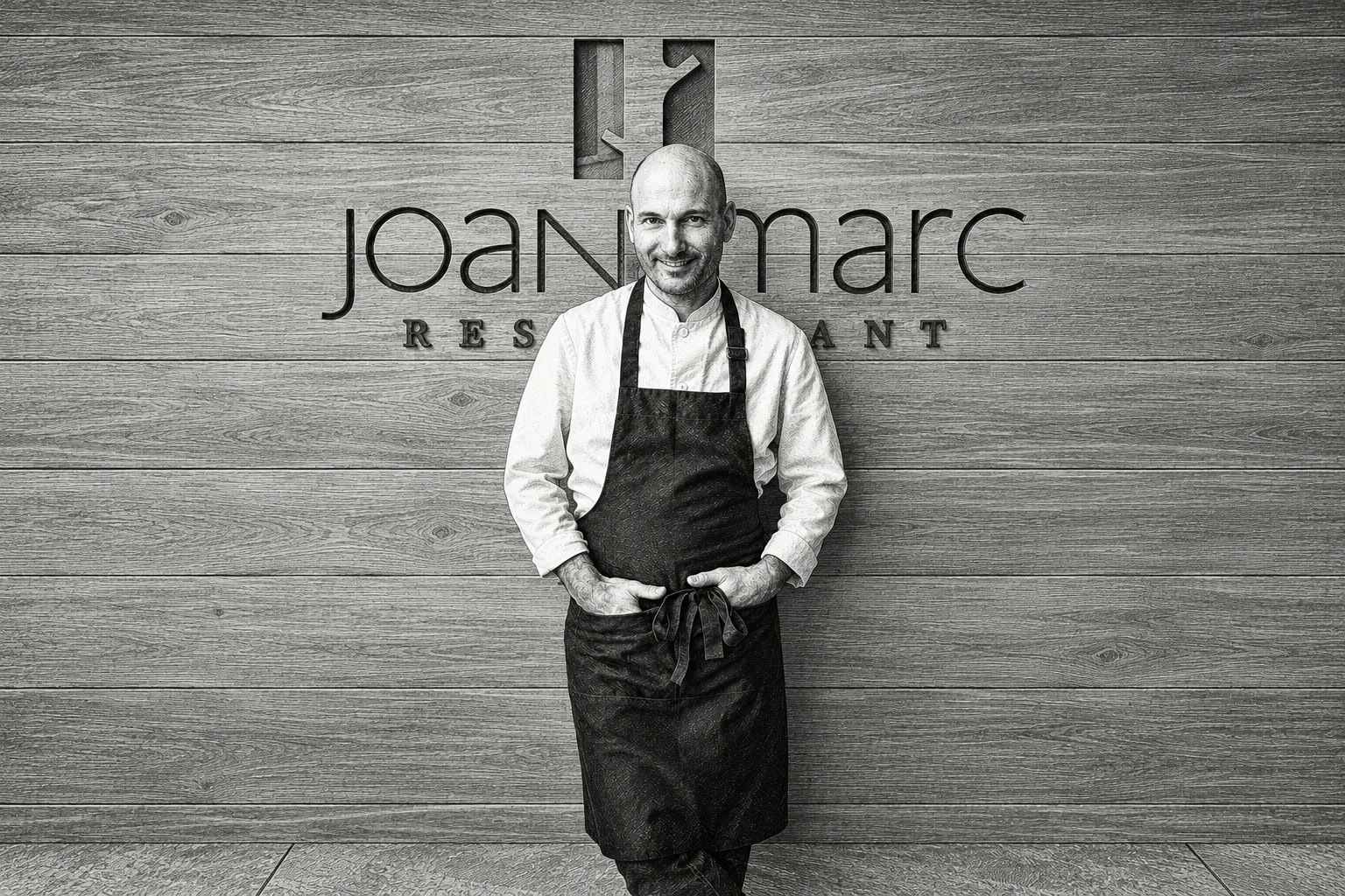 Gravat de Joan Marc amb davantal davant del rètol del restaurant